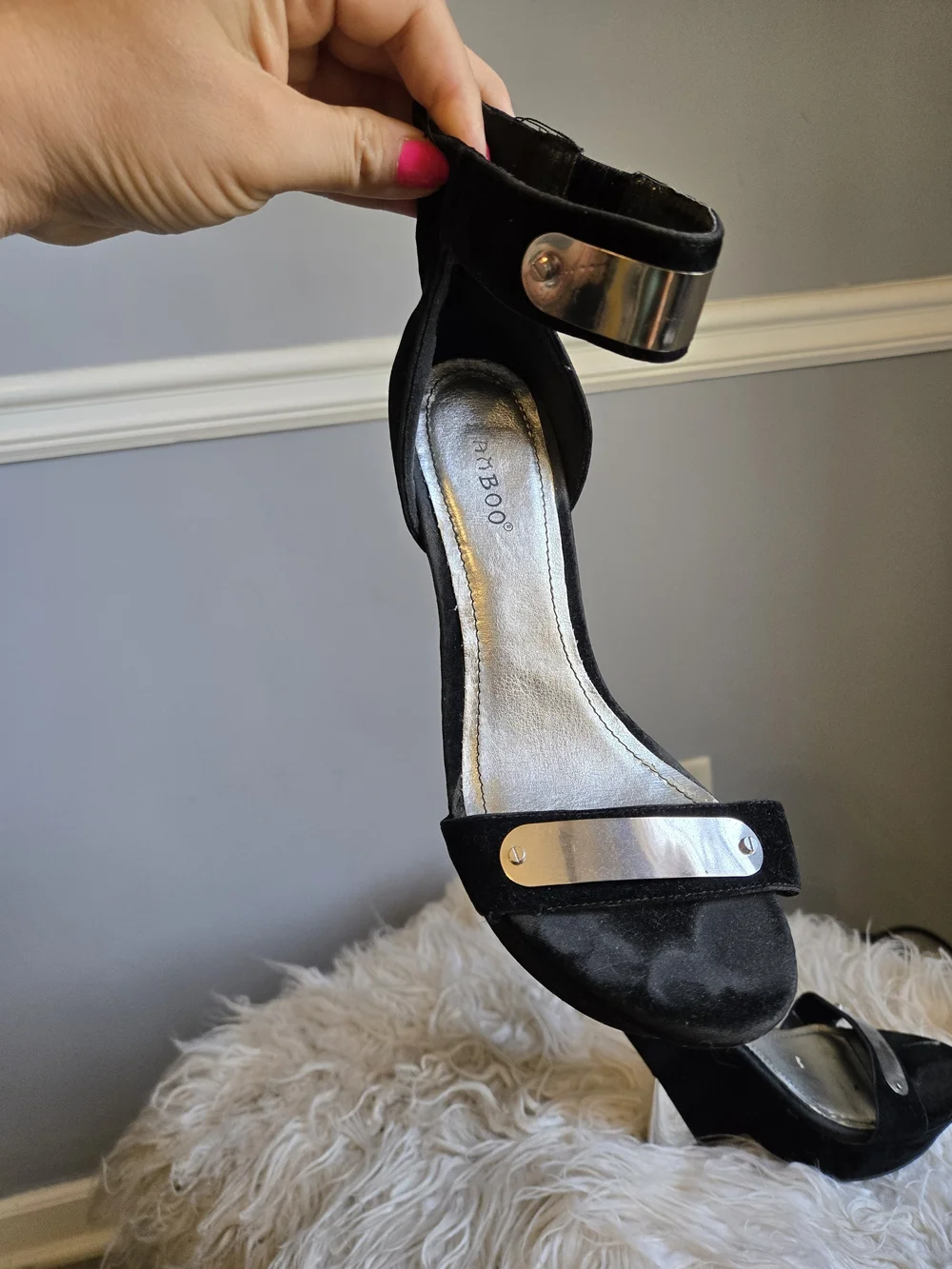 Black Suede Ankle-Strap Wedge Heels with Silver Accents